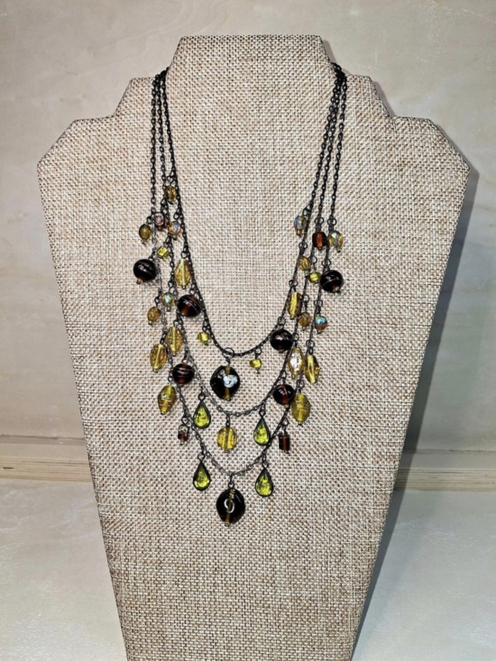 Layered Beaded Statement Necklace in Greens, Brown & Yellow